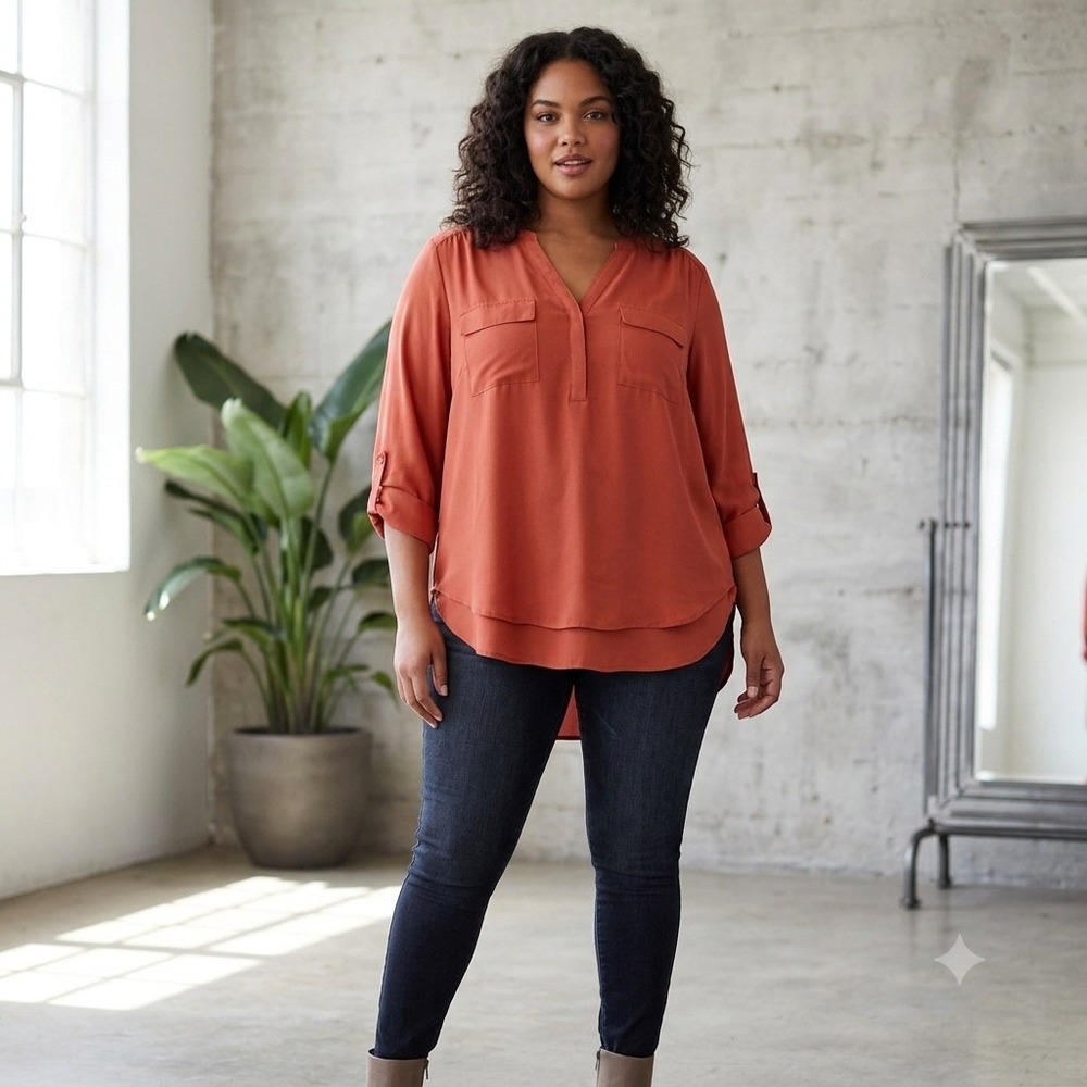 Torrid Womens Plue Size 0 (Large) Harper Blouse Rust Orange Georgette Roll Tab